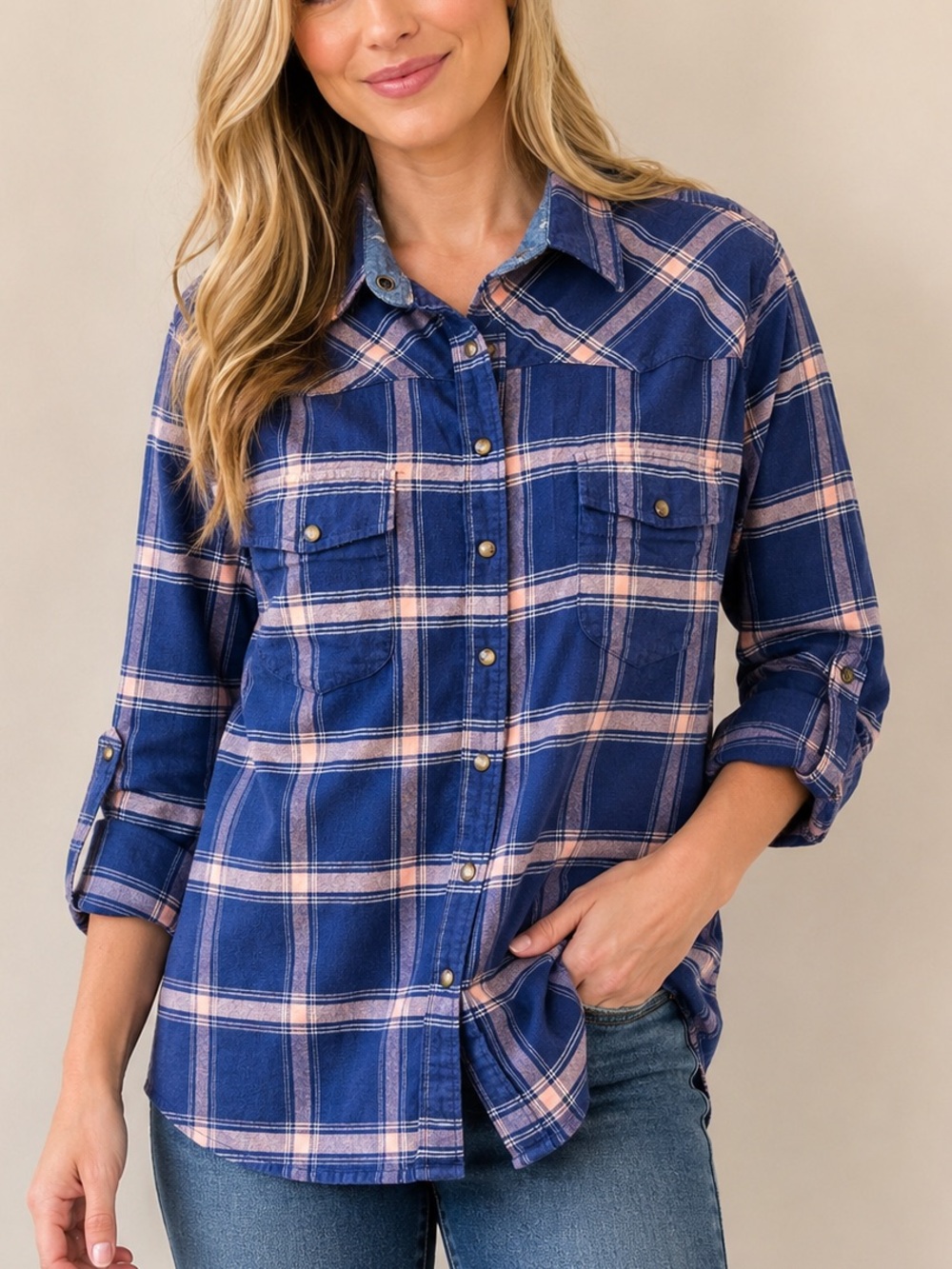 Jachs Girlfriend XL Blue Pink Plaid Western Snap Shirt Cotton Stretch Flannel